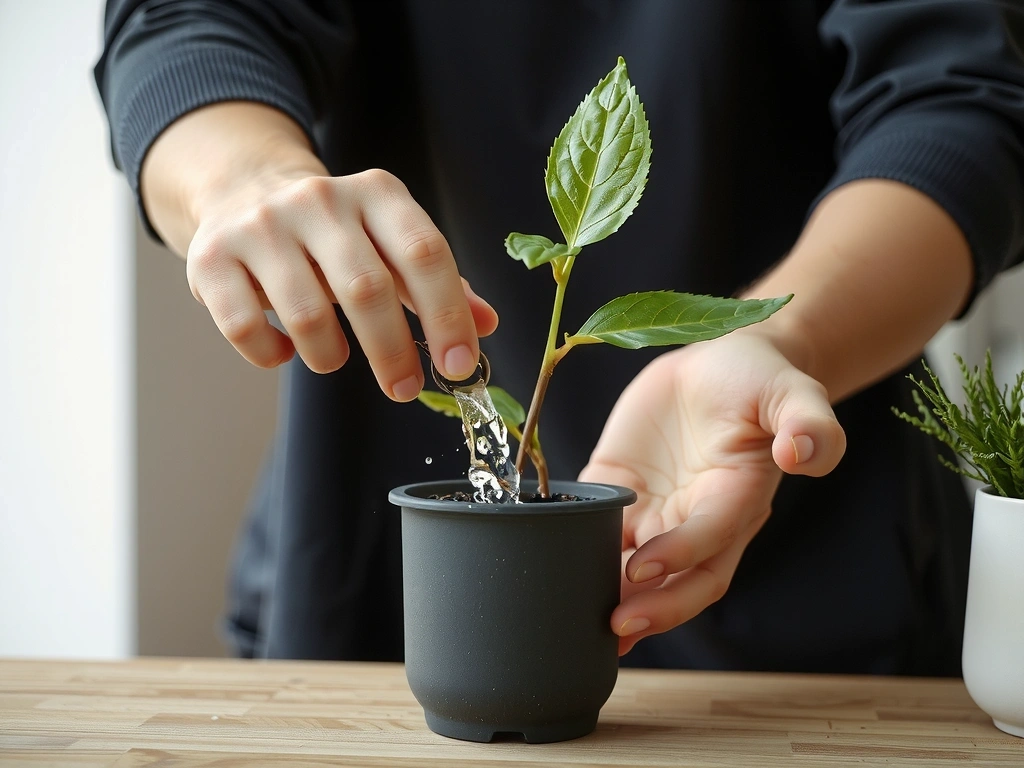 Ręce podlewają małą roślinę w doniczce